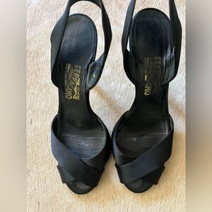 Salvatore Ferragamo Black Satin Peep toe pump